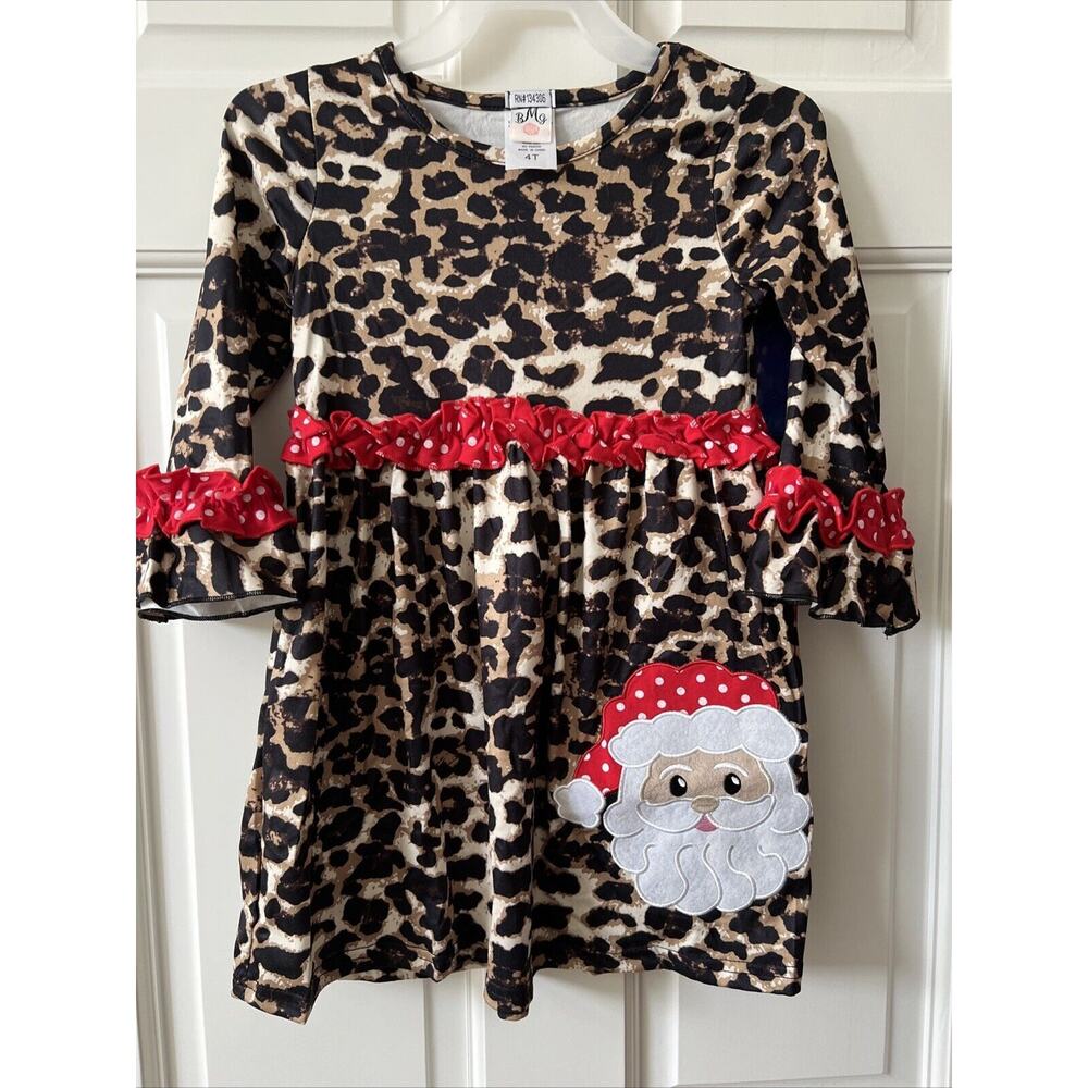 BMJ Holiday Dress Animal Print, Contrasting Ruffle With Appliqued Santa NWNT